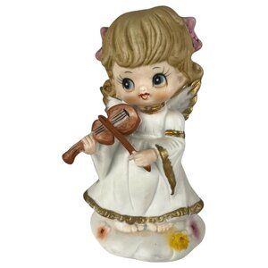 Vintage UCGC Ceramic Angel Figurine Playing Violin With Gold Accents & Pink Bows